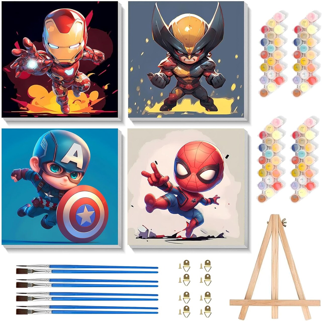 4 Pack Cartoon Paint by Numbers for Kids with Framed Canvas-with Wooden Easel, Paint by Number for Kids Ages 4-8-12, DIY Easy Acrylic Oil Painting Kits for Home Wall Decor (8X8inch)